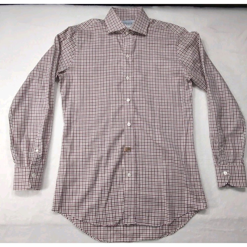 Ledbury Mens Button Shirt Size 15.5 Long Sleeve Burgundy Red Plaid Shirt